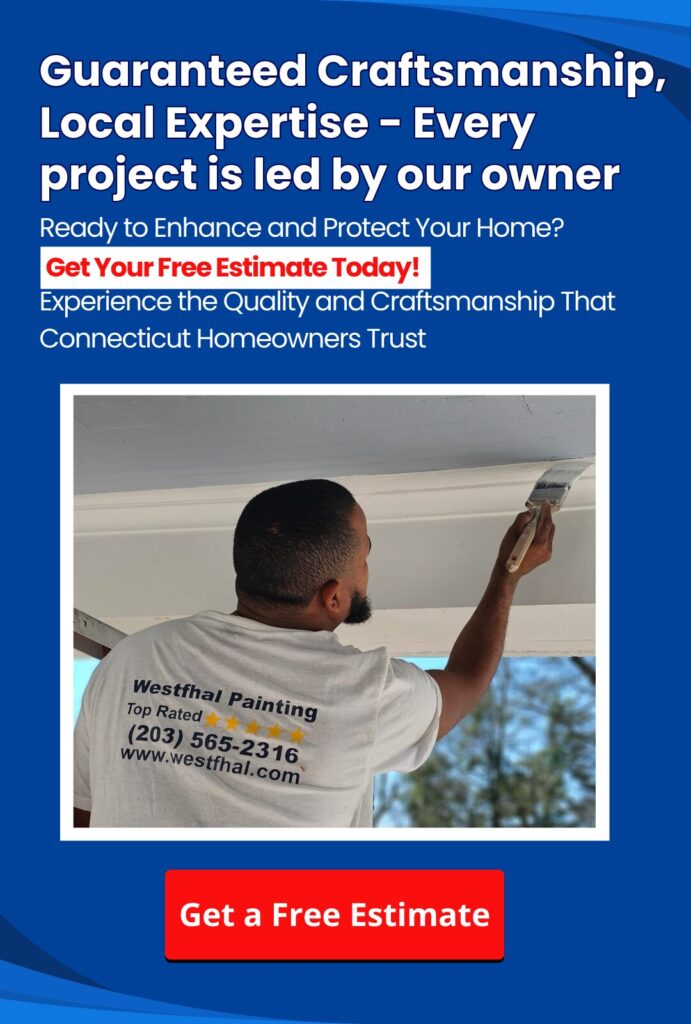 Professional painter from Westfhal House Painters applying trim paint during a residential project in Connecticut.