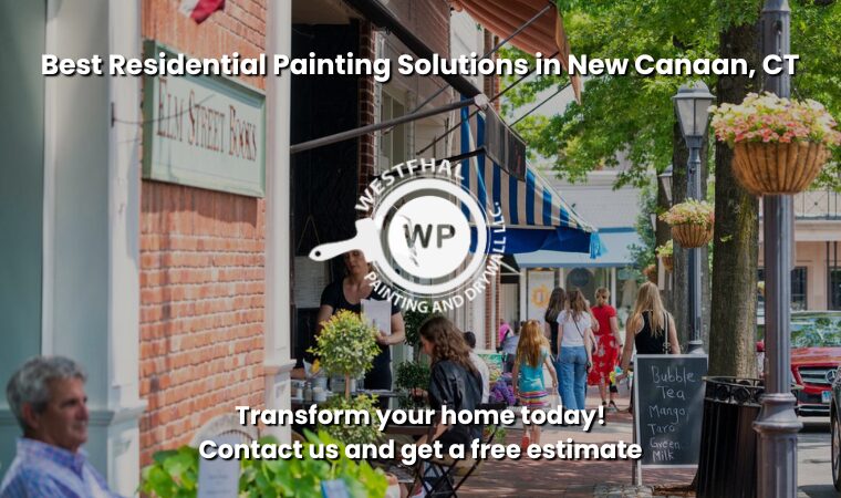 Downtown view of New Canaan CT with Westfhal Painting banner
